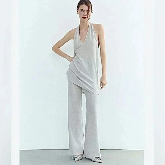 ZARA Wide Leg Knit Trousers Pull On Pants  Metallic Sheer Party Disco Rave - Picture 1 of 17